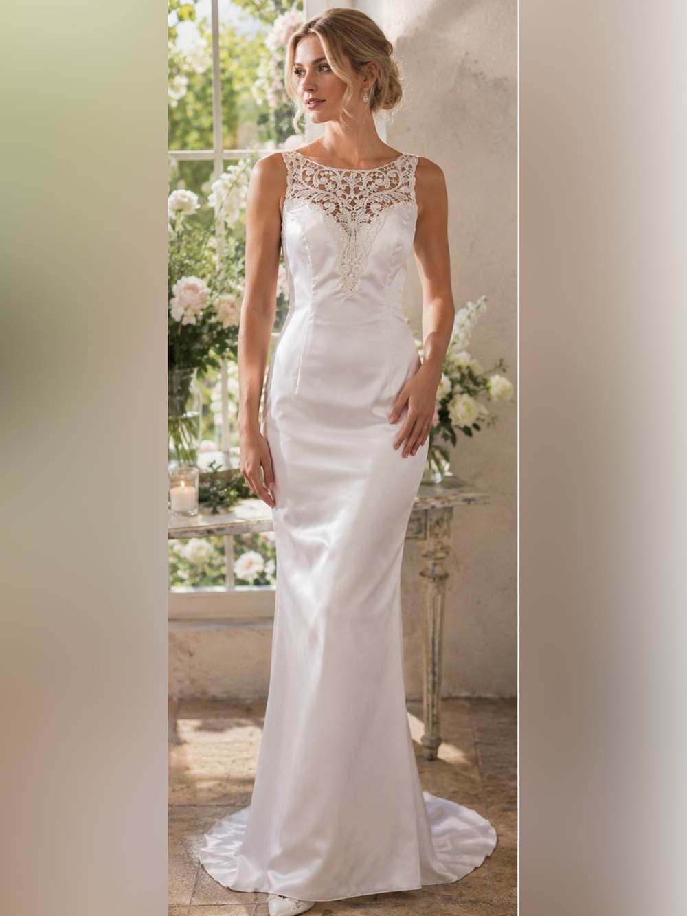 Vintage Jessica McClintock Bridal Gown White Satin Lace Neckline Train Size 6